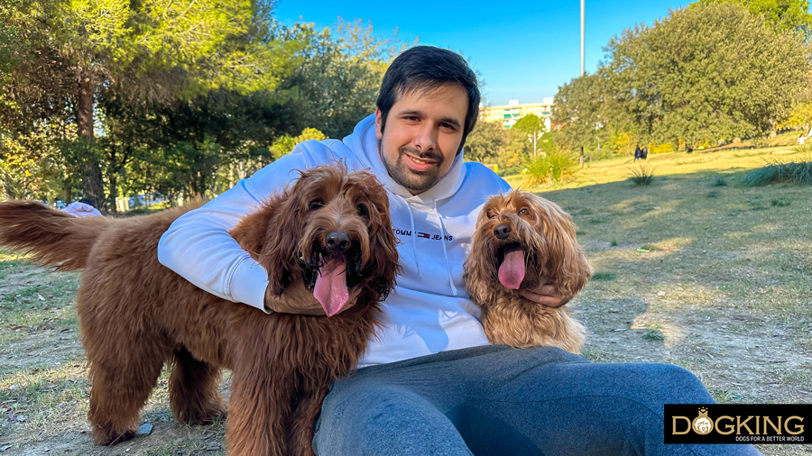 Boy happy to have two dogs by his side